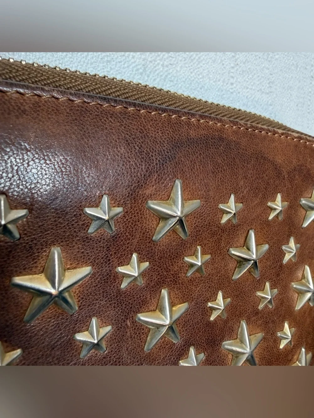 Jimmy Choo Brown Leather Star Stud Zip Around Wallet Italy